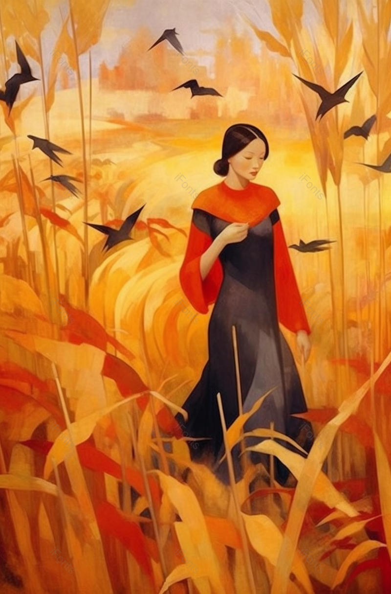 草丛飞鸟女孩壁纸手绘插画背景,插画/手绘图,插画/手绘图库,插画/手绘图下载,插画/手绘